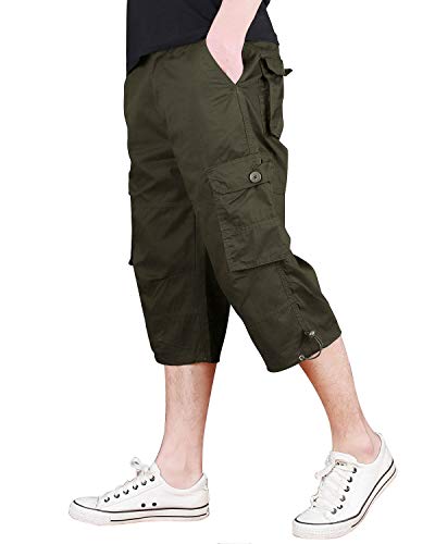 CRYSULLY Men's Summer Knee Length Plus Shorts Lightweight Solid Below Knee Cargo Shorts Capri Pants Army Green
