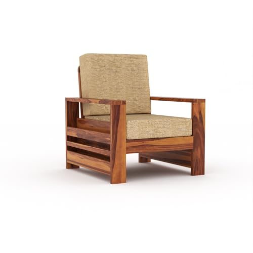 Image of Sheesham Wooden 1 Seater Sofa for Living Room | Rosewood 1 Seater Cushion Sofa with Side Rack | Solid Wood Sofa Set for Lounge (1 Seater,Honey)