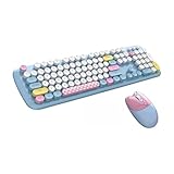 Zienstar-Pack de Teclado y Ratón Inalámbrico Español,Tecla Redondas Retro Vintage,Multicolores-Azul
