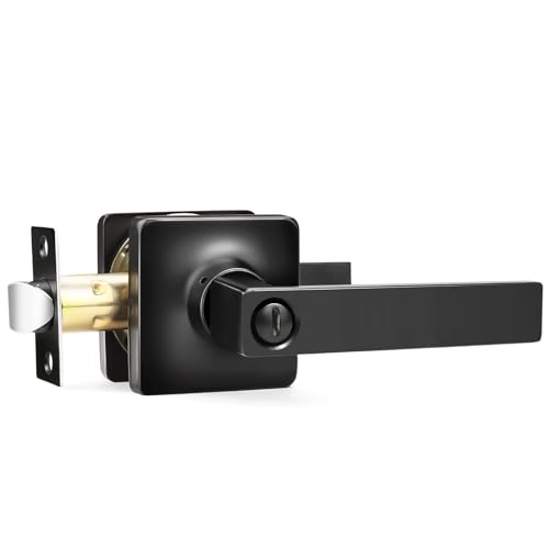 Image of GOBEKOR 1 Pack Square Privacy Door Levers Matte Black Lever Door Handles Interior for Bedroom and Bathroom Door Locks Straight Door Handles