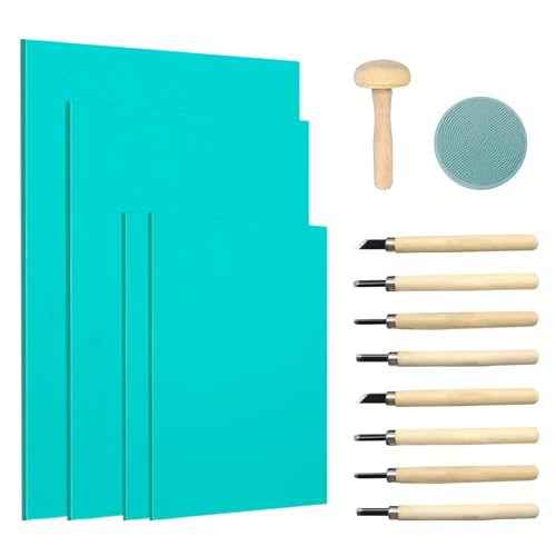 JNTMIKUN 14 Stück Linoldruck Set - Linolschnitt Set Handgrabierbrett Gummistempel Schnitzblöcke Weichgummi Linoldruck Platte Sicherheit Präzises Drucken DIY für Stempelschnitzerei und Druckgrafik