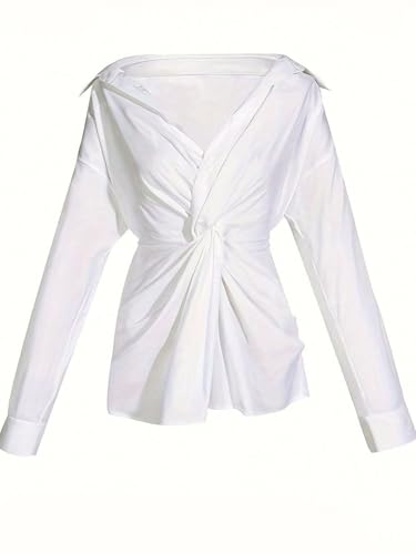 Women's Elegant Asymmetrical Button Down Shirt for Spring/Summer Long Sleeve Classic Dressy Office Blouse Tops4