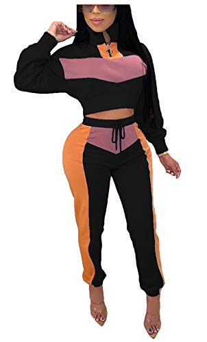 Womens 2 Piece Oufits Tracksuits Color Block Long Sleeve Zipper Crop Top Bodycon