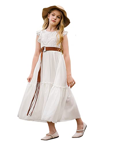 BIBIHOU Girls Lace Flower Ruffle Sleeve Holiday Party Wedding Swing A-Line Maxi Dress