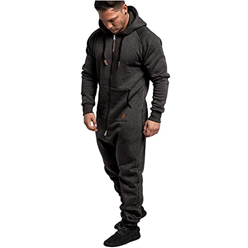 WUAI Onesie Men's Hooded Jumpsuit Zip Up One Piece Pajamas Playsuit Jogger Sweatsuit Overall Romper Dark Gray2