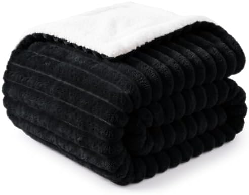 WAVVE Kuscheldecke Flauschig Decke Schwarz 230x270 | Doppelseitig Sherpa Fleece, Dicke Korddecke, Weich Sofaüberwurf, Warm Wohndecke für Couch, Schlafzimmer, Waschbar