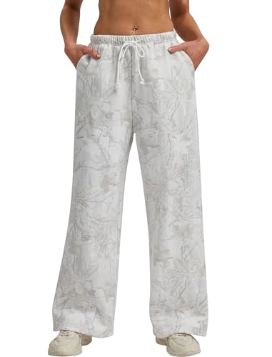 Eutten Pantalon jogging femme jambe large camouflage taille haute, gris blanc