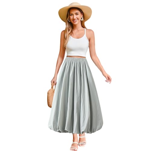 Women's Elastic Waist A Line Midi Bubble Pompom Casual Lantern Skirt Womens Bubble Skirt Pompom Skirt Lantern Skirt, Green2