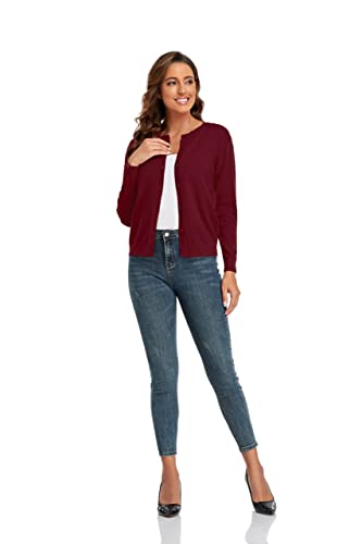 Image of CUNYI Women's Crew Neck Cardigan Long Sleeve Sweater for Women Button Down Soft Knit Ladies Cardigan Sweates Coat, Wine Red S