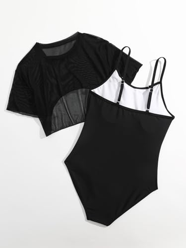 Floerns Girls Spaghetti Strap One Piece Swimsuit with Short Sleeve Mesh Cover Up2