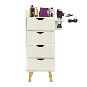 Salon Storage Cabinet, Hairdressing Tool Styling Station with Hair Dryer Holder, Hair Stylist Station with 4 Drawers for Beauty Shop Cosmetic Studio Spa, Density Board (White)