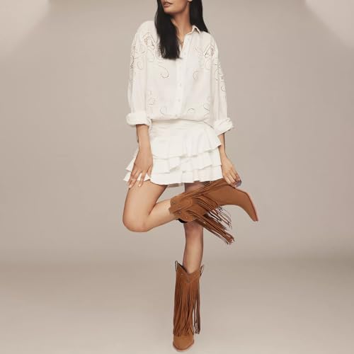 Fringe Cowboy Boots for Women Pull on Mid Calf Cowgirl Boots with Star Studded Pointed Toe and Chunky Heel Western Boots2