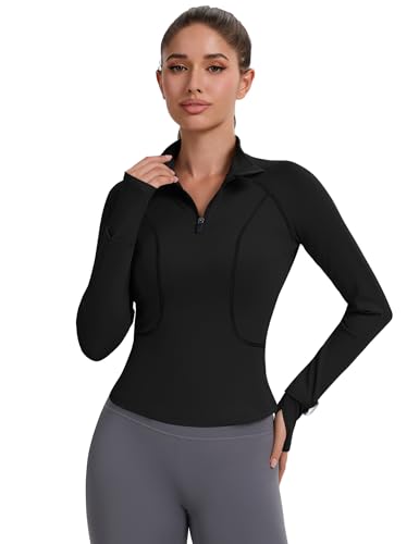 Avoogue Womens Long Sleeve Workout Tops Quick Dry Quarter Zip Pullover Crop Slim Fit Althletic Golf Shirts with Thumb Holes3