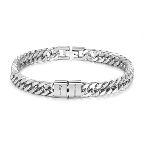 Presentimental Pulsera Cubana Personalizada para Hombre con 1-6 Nombres Regalo del Día del Padre para Papá Abuelo Navidad Día de San Valentín Regalo para Hombre (Plata-2 nombres)