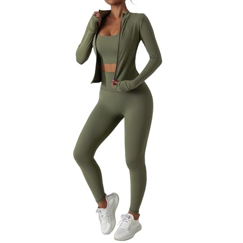 Women’s 3 Piece Workout Set – Sports Bra, Leggings & Jacket with Thumbholes – Yoga Outfit Activewear for Gym Running Training