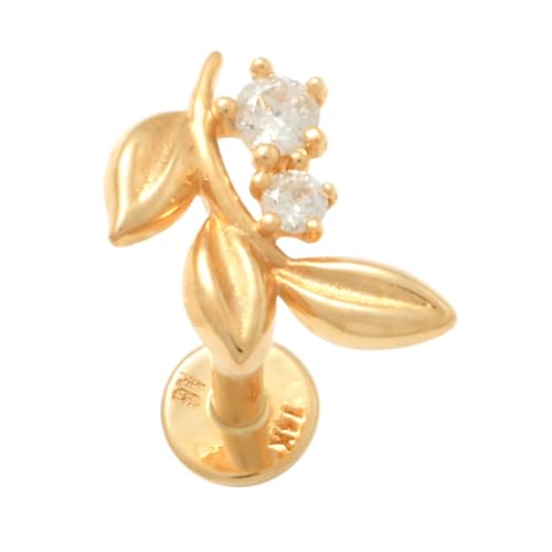 14K Pure Natural Diamond Olive Leaf Stud Earring – 18gauge Floral Flat Back Body Stud for Multiple Piercings – Dainty Jewelry for Women - Perfect Minimalist Design - Sold as a Single