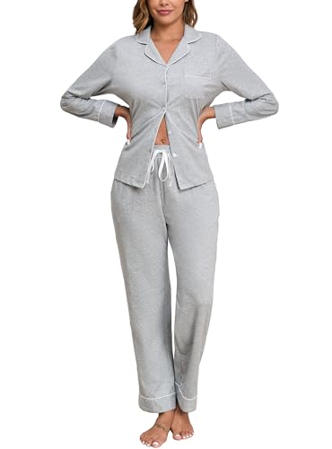 Image of Veseacky 100% Cotton Women's Pajama Set Long Sleeve Button Down Sleepwear Soft Pjs Lounge Sets Nightwear Pjs XS-XXL
