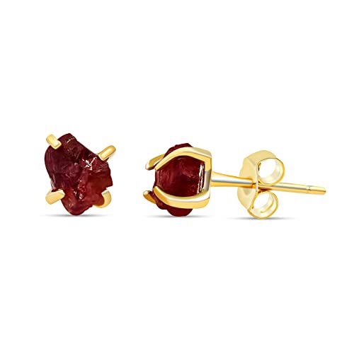 raw natural garnet stud earring with 925...