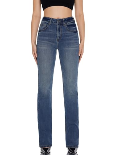 BlueMoment Straight Leg Jeans for Women High Rise Stretchy Slim Fit Jeans Soft Trendy Boyfriend Raw Hem Jean Casual Mid Blue