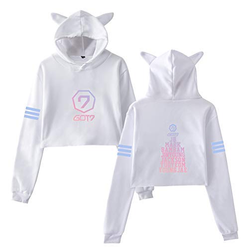 Kpop GOT7 Crop Top Hoodie JB Jackson Bambam Cat Ear Sweatshirt Pullover Jacket White