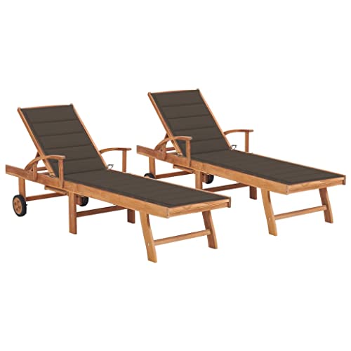 Genérico Tumbona Exterior con Ruedas, Sillón, Chaise Lounge de Madera, Tumbona, Sofá Cama Exterior Jardín, Respaldo Ajustable, Fácil de Montar, Tumbonas 2 Piezas con Cojín Topo Madera Maciza de Teca