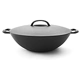 Iwachu Gusseisen Wok-Pfanne, rund mit Deckel. 2 Größen. Schmor-Topf für Induktion, Induktions-Herd, Ceran, Gas, Backofen, BBQ, Grill