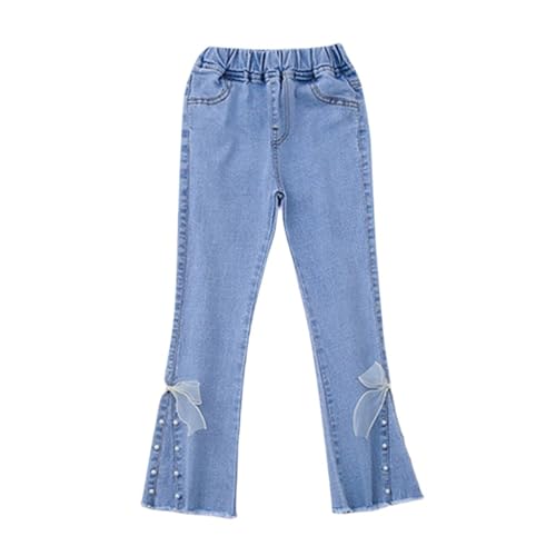 Girls Jeans Denim Flare Pants High Waist Stretch Bell Bottom Pants Pearl Bow Knot Jeans with Pockets Streetwear Clothes
