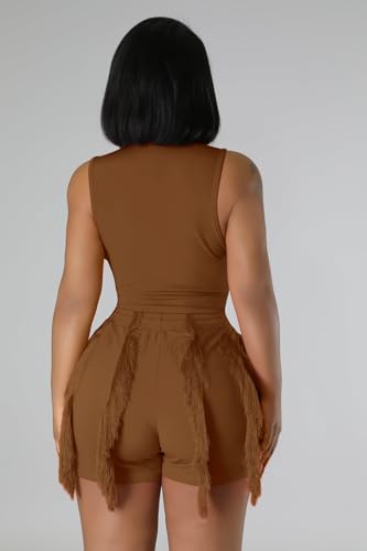 Two Piece Outfits for Women Casual Solid Sleeveless One Piece Tank Tops Fringe Pants Drawstring Shorts Jumpsuits4