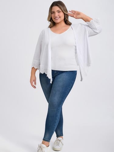 Plus Size Cardigan for Women Open Front Cover Up Lace Trim Waterfall Shrug 3/4 Sleeve High Low Hem Knit Cardigans2