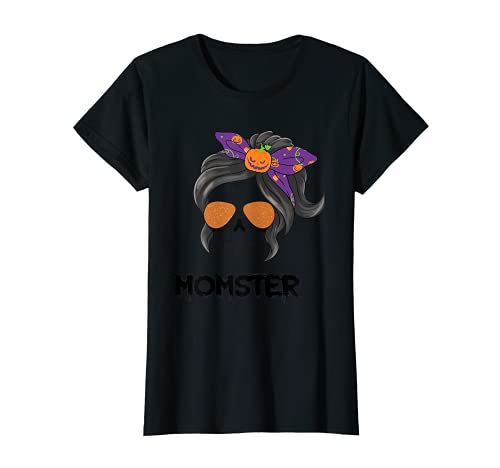 Femme Halloween Momster Skull Messy Hair Bun Pumpkin Bandana T-Shirt