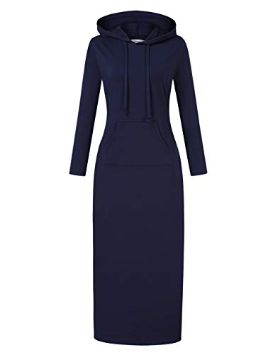 MISSKY Women's Casual Pocket Slim Pullover Maxi Hoodie Dress (M,Long Sleeve/Navy)