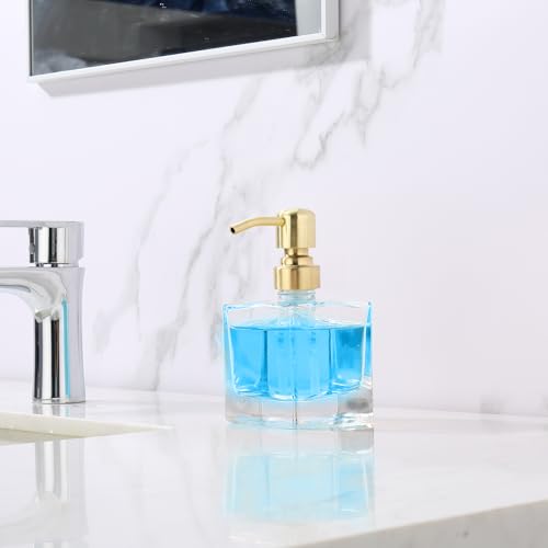 Image of Square Bathroom Soap Dispenser Brushed Gold, Glass Bottles with Stainless Steel Pump 8.4 OZ Cube Liquid Soap Dispenser Hand Kitchen