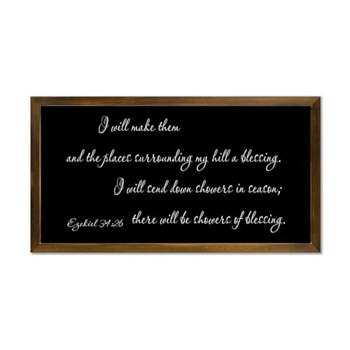 Ezekiel 34:26 I Will Make Them And The Places Surrounding My Hill A Blessing,I Will Send Down Showe Wooden Framed Sign 22x12in Wall Decor Wooden Art Signs Rustic Wood Framed Farmhouse Wall Art
