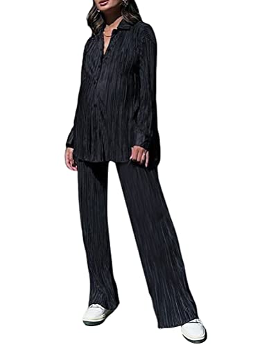 shownicer Damen 2 Stück Casual Outfits Revers Langarm Button Down Shirt...