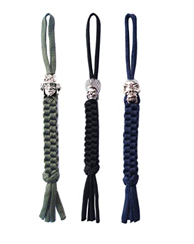 KNIFIUS Cordões de faca de crânio de 3 peças com contas de prata, cordão tático de paracord para facas