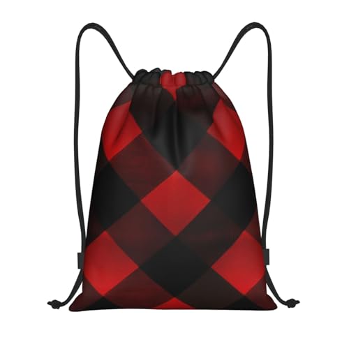 QSMJKLD Mochila xadrez vermelha e preta com cordão, impermeável, esportiva, bolsa de ginástica para mulheres e homens, Preto, P