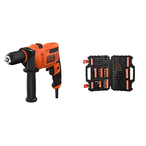 BLACK+DECKER BEH200, Taladro Percutor con Cable 500 W 230V, Incluye Empuñadura Lateral 500 W + A7200-XJ Juego de 109 piezas para atornillar y taladrar con brocas Titanio