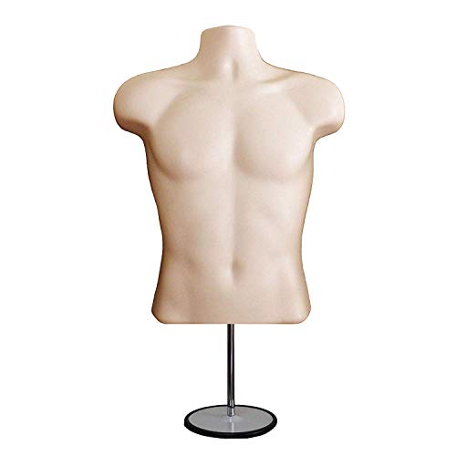 Flesh Male Mannequin Hollow Back Body Torso Set w/Metal Stand with Metal Pole & Hanging Hook, S-M Sizes (1 Pack, Flesh)