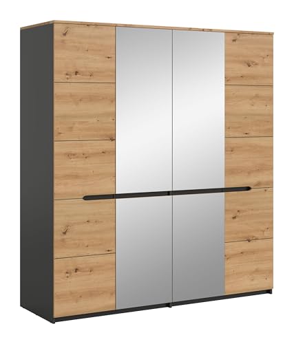 Homes & Jones Kleiderschrank Sova 4-türig – Eiche-Optik & Schwarz, mit Spiegeltüren, 180x198x59...