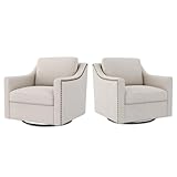 FaFaSoGoodFa Swivel Accent Chair Set of 2, Modern Comfy Linen Upholstered Barrel Armchair with Nailhead Decor and Metal Base, Soft Oversized Round Chair for Living Room, Bedroom, Club (2, Beige)
