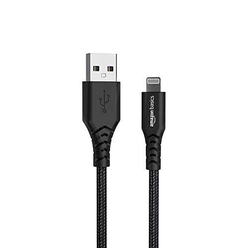 Image of amazon basics PVC Molded Nylon USB A To Lightning Mfi Certified Charging Cable | Compatible with iPhone 13,12,11; 13,12,11 Pro; 13,12 11 Pro Max; 13,12 Mini (Black,1.2M)