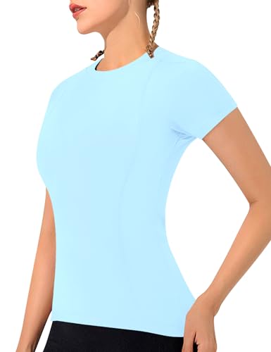 IECCP Womens Gym Tops Short Sleeve Sports t-Shirt Fitness Workout Yoga Tops Ladies Running tee Shirts Seamless Tshirt for Women Womens Compression t Shirt Light Blue S