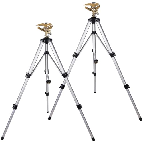 Biswing Large Impact Sprinkler Head on Tripod Base, Adjustable Zinc Alloy Lawn Sprinklers for Yard Lawn Garden, 3/4' NH Connector, 360 Degree Large Area Coverage Irrigator with Extension Legs, 2 Pack