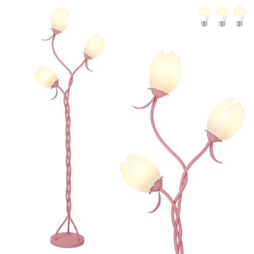 HMVPL Pink Flower Floor Lamp for Bedroom, 3-Light Floral Floor Lamp with 3 LED 5W Blubs, Foot Switch, Cute Girls Standing Lamp with Acrylic Shade, Gooseneck Lotus Flower Tall Lamp for Living Room Kids