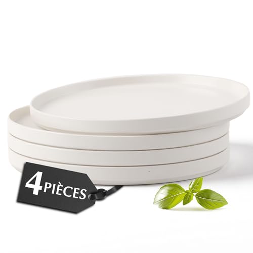 MIAMIO – Ensemble d'assiettes plates en céramique pour 4 personnes/Vaisselle en céramique 4 pièces, assiettes modernes en grès – Collection Luxe (Blanc, Grande...