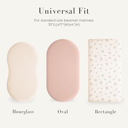 Image of MairMore 3 Pack Muslin Bassinet Sheets for Babies, Soft & Breathable 100% Cotton Fitted Sheets for Oval, Rectangle, Hourglass Bassinet Mattress Pads (Pink Blossom)