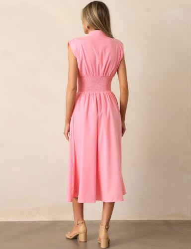 Image of FANCYINN Summer Casual Womens Maxi Dress Sleeveless V Neck Waist Aline Front Zipper High Slit Flowy Long Dress Pockets