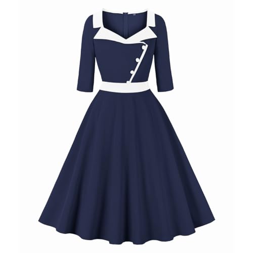 Damenkleid, 3/4-Ärmel, quadratischer Ausschnitt, Revers, 1950er-Jahre, Vintage-Stil, Audrey-Hepburn-Stil, Cocktailkleid, Swing-Kleid, Retro-Stil, 50er-/60er-Jahre-Stil, Hochzeitskleid, Marineblau, Damenkleid, 3/4-Ärmel, quadratischer Ausschnitt, Revers, 1950er-Jahre, Vintage-Stil, Audrey-Hepburn-Stil, Cocktailkleid, Swing-Kleid, Retro-Stil, 50er-/60er-Jahre-Stil, Hochzeitskleid, Marineblau,