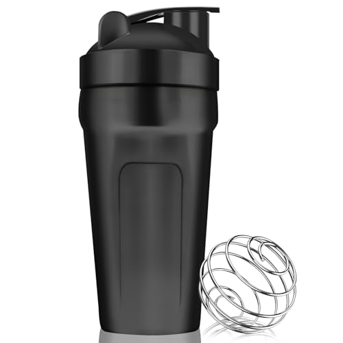 ROCKY&CHAO Shaker - Batido de proteínas (900 ml, acero inoxidable, vaso con bola, para proteínas, dieta y fitness, incluye tapa, negro)