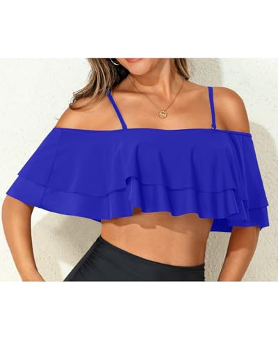 Women Ruffle Bikini Top Royal Blue Double Layer Flounce Swimsuit Off Shoulder Bathing Suit top Only L - Image 5